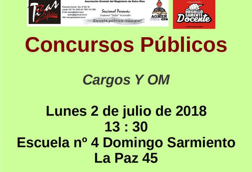 Concursos Públicos del día Lunes 2 de Julio de 2018 Cargos y OM