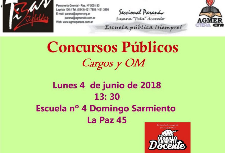 Concursos Públicos . Cargos y OM. Lunes 4 de Junio de 2018
