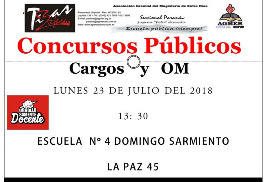 Concursos Públicos Lunes 23 de Julio de 2018. Cargos y OM