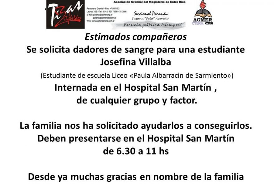 Llamado a la solidaridad. Pedido de donación de sangre para la estudiante Josefina Villalba