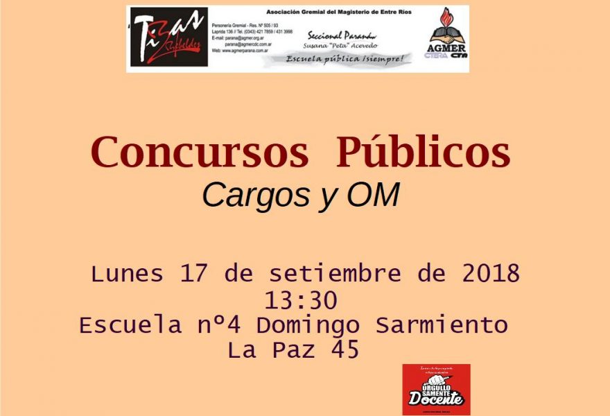 Concursos  Públicos. Cargos y OM.   Lunes 17 de setiembre de 2018