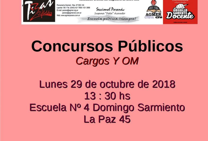 Concursos Públicos. Cargos Y OM.  Lunes 29 de octubre de 2018