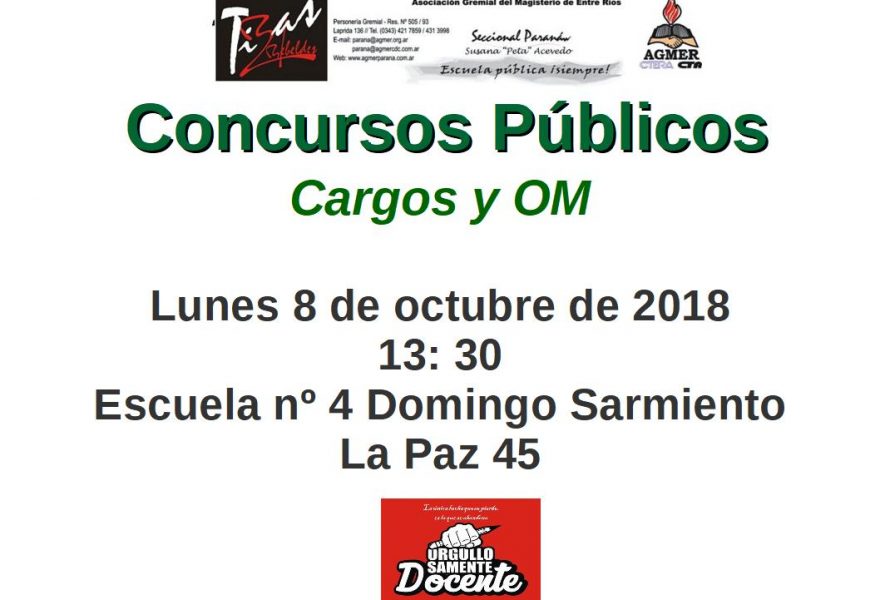 Concursos Públicos. Cargos y OM. Lunes 8 de octubre de 2018.
