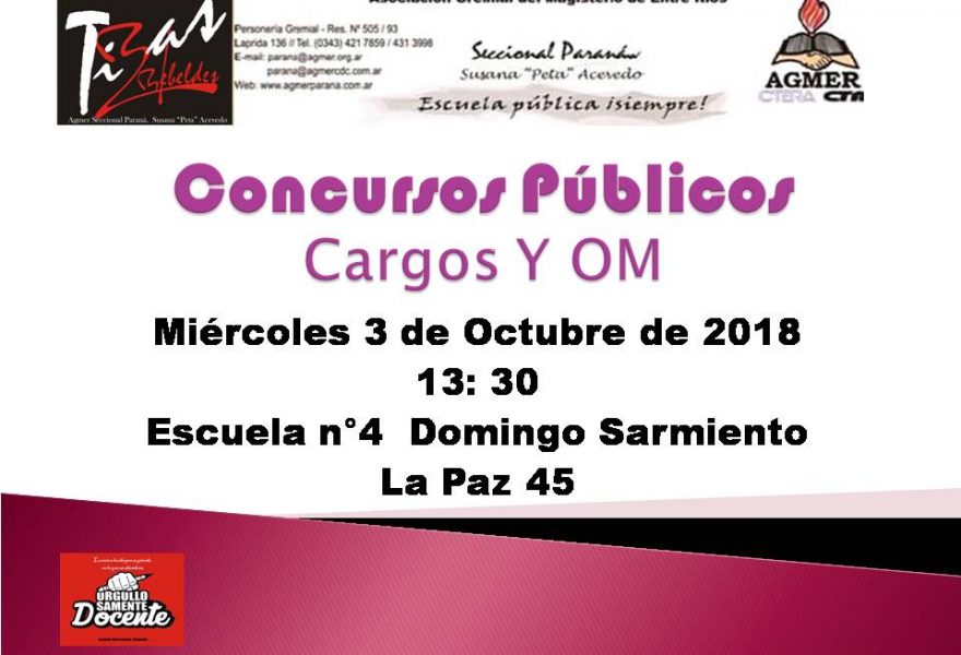 Concursos Públicos. Cargos y OM. Miércoles 3 de Octubre de 2018