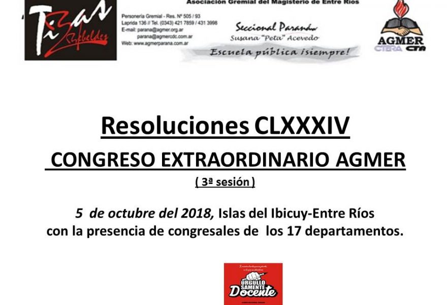 Resoluciones CLXXXIV CONGRESO EXTRAORDINARIO AGMER ( 3ª sesión )
