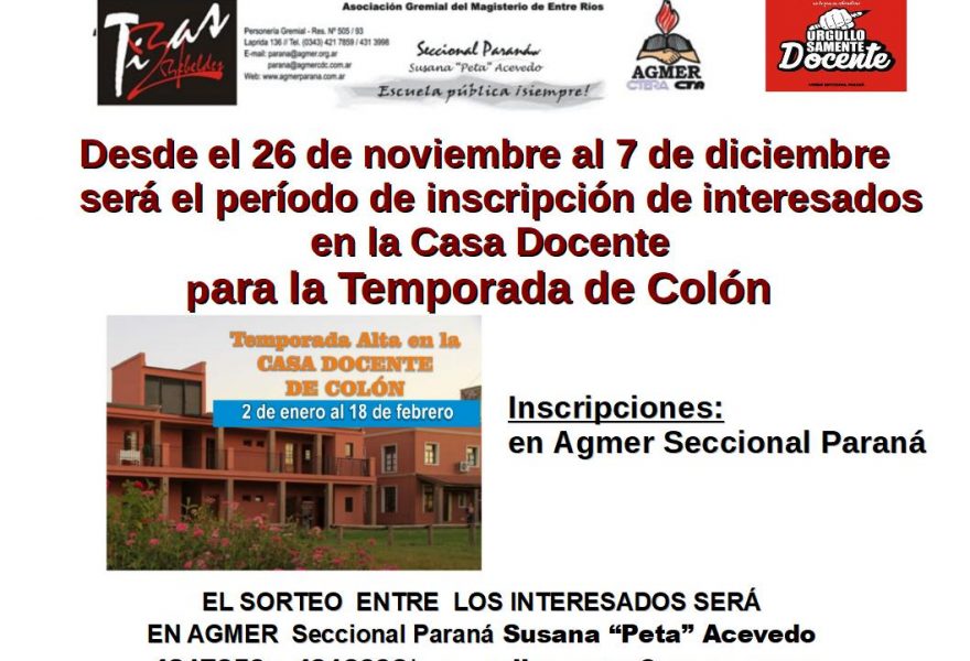 Inscripción de interesados  en la Casa Docente  para la Temporada de Colón.
