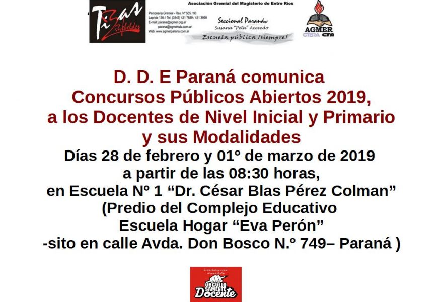 CONCURSO PÚBLICO DDE Paraná ABIERTO. Listado CARGOS A CONCURSAR 01 DE MARZO 2019.