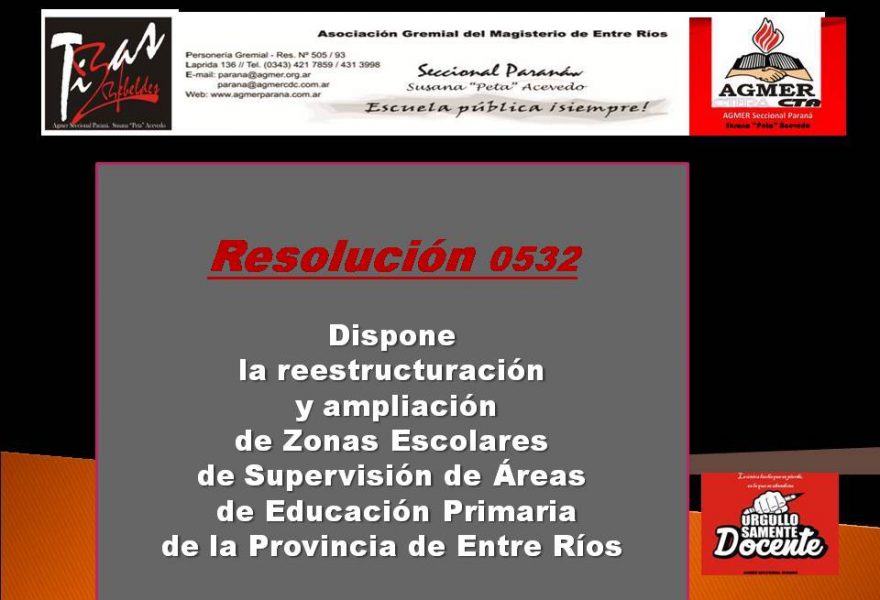 Resolución 0532  Dispone  la reestructuración  y ampliación  de Zonas Escolares  de Supervisión de Áreas  de Educación Primaria  de la Provincia de Entre Ríos