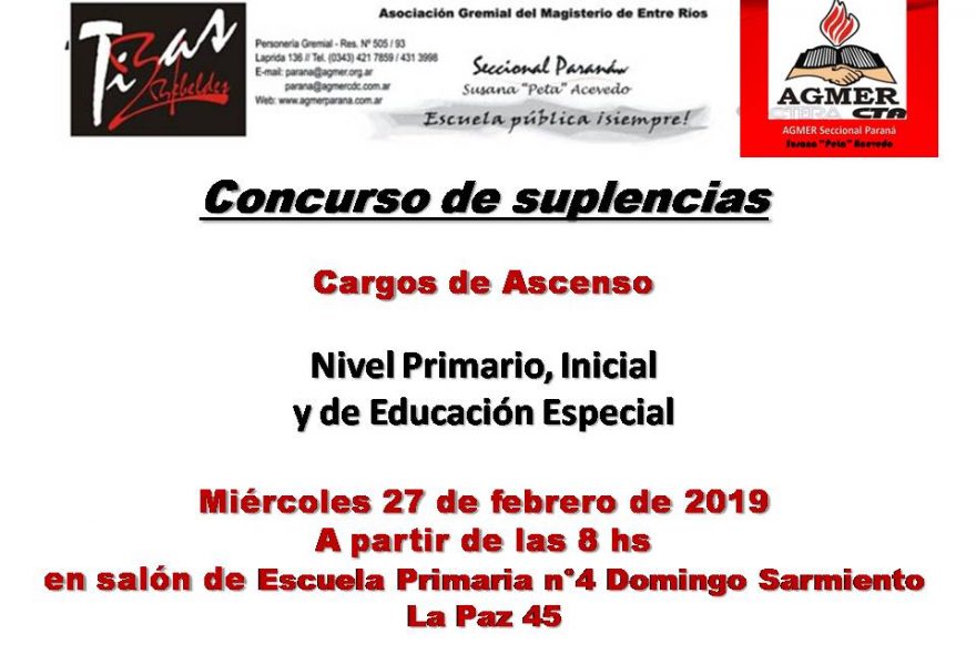 Concurso de suplencias  Cargos de Ascenso de Nivel Primario, Inicial y de Educación Especial.  Miércoles 27 de febrero de 2019