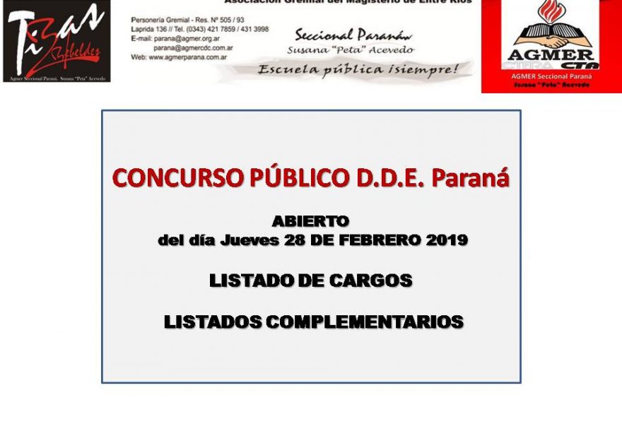 CONCURSO PÚBLICO D.D.E. Paraná.  ABIERTO.  Jueves 28 de febrero de 2019. Listado de CARGOS.  LISTADOS COMPLEMENTARIOS