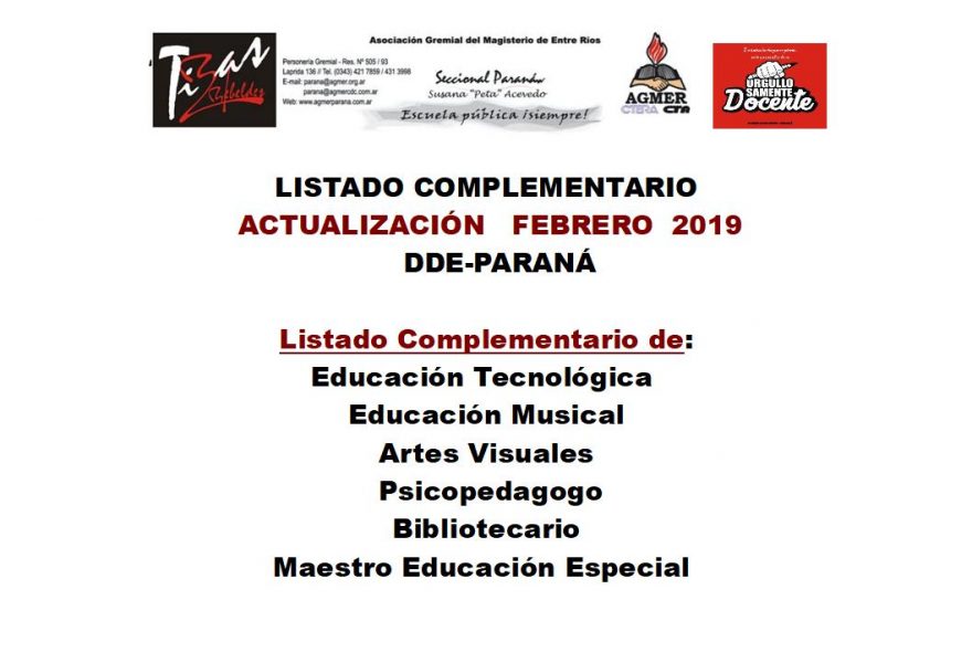 Listado Complementario Febrero-2019-Artes Visuales. Educación Tecnológica. Educación Musical. Psicopedagogo. Bibliotecario. Maestro Educación Especial