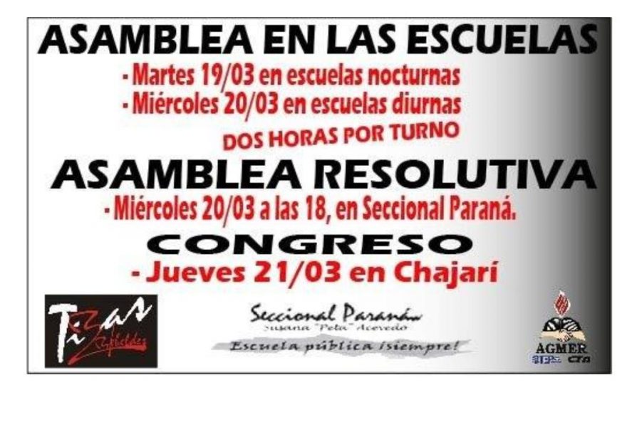 Asambleas en las Escuelas. Martes 19 de Marzo de 2019 y  Miércoles 20 de marzo de 2019