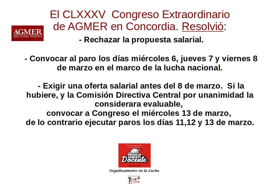 El CLXXXV Congreso Extraordinario  de AGMER en Concordia