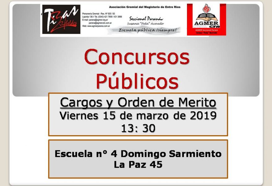 Concursos Públicos. Cargos y Orden de Merito al 15 de Marzo de 2019