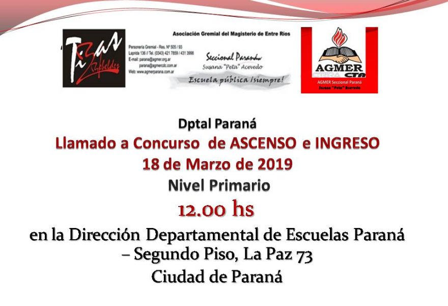 Concurso  de ASCENSO e INGRESO 18 de Marzo de 2019.  Nivel Primario