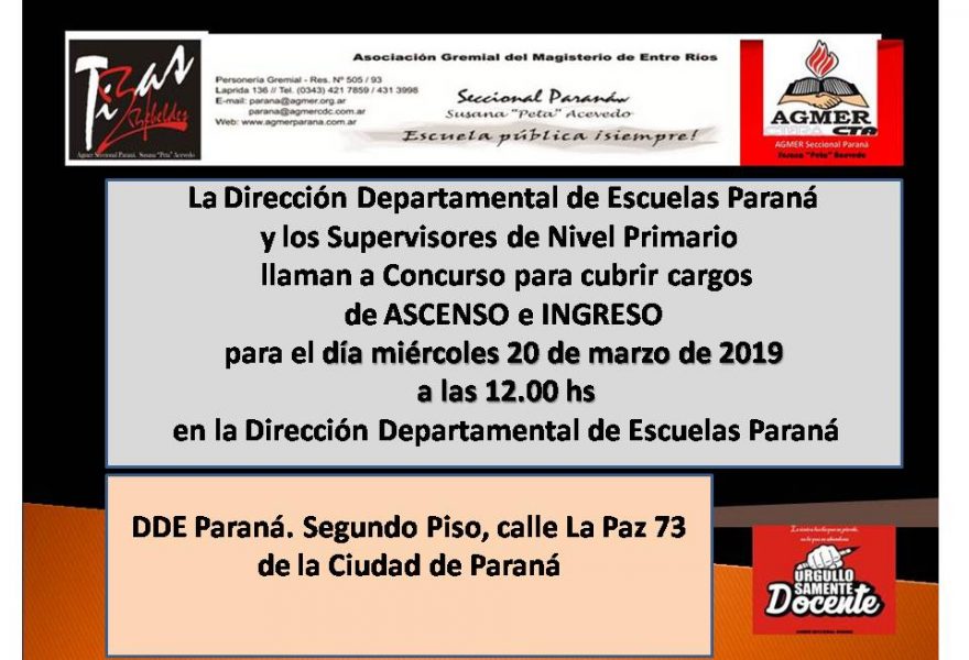 DDE Paraná. Llamado a Concurso de ASCENSO e INGRESO 20 de Marzo Nivel Primario