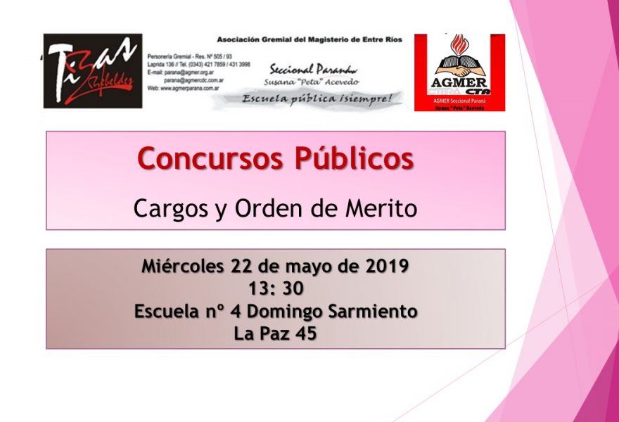 Miércoles 22 de Mayo de 2019 . Concurso Público. Cargos y Orden de Mérito
