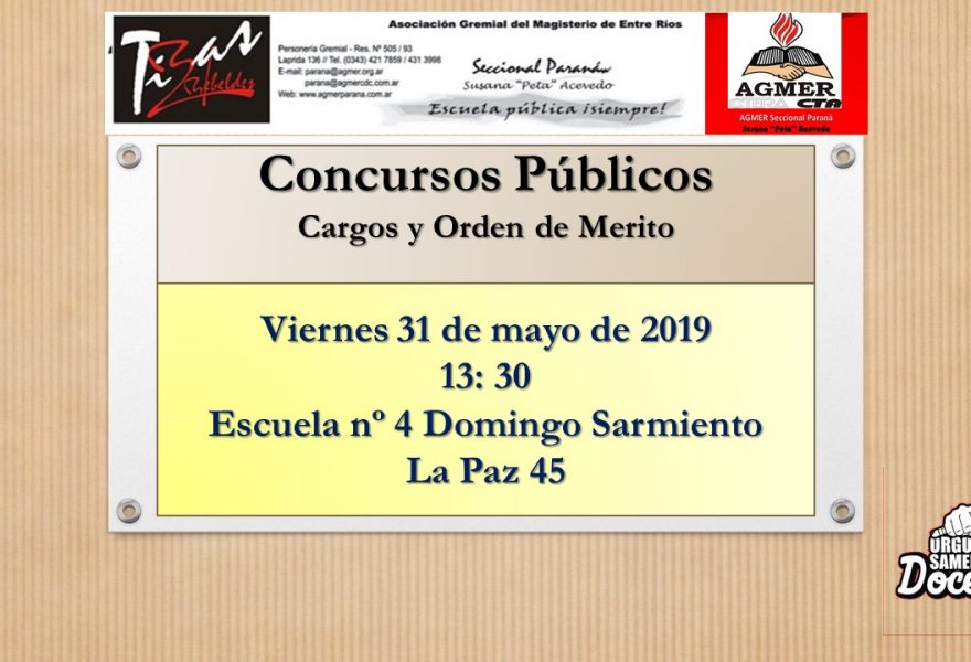 Viernes 31 de Mayo de 2019. Concursos Públicos. Cargos y Orden de Merito