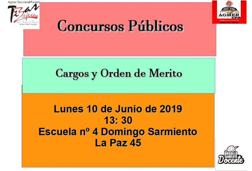 Lunes 10 de Junio de 2019.Concursos Públicos. Cargos y Orden de Mérito
