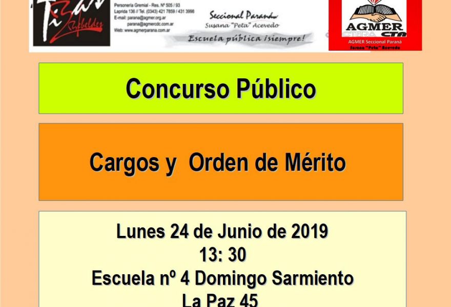 Lunes 24 de Junio de 2019. Concurso Público. Cargos y  Orden de Mérito