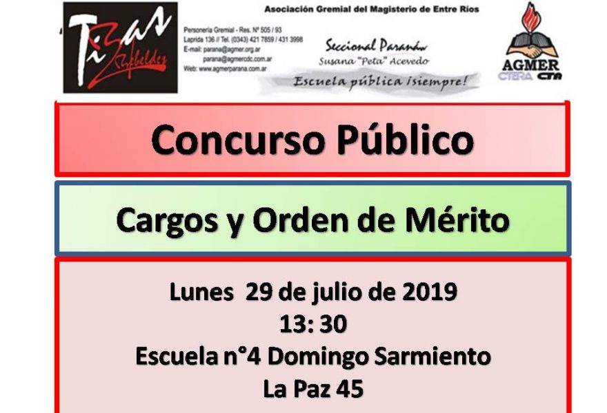 Lunes 29 de Julio de 2019. Concurso Publico. Cargos y Orden de Merito