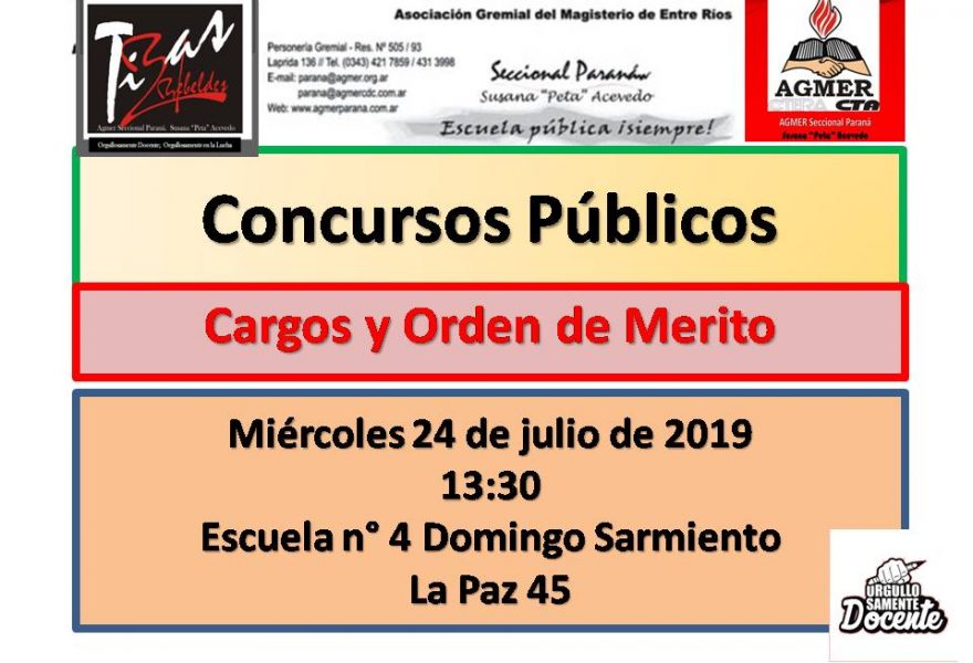 Miércoles 24 de julio de 2019. Concurso Publico. Cargos y Orden de Merito