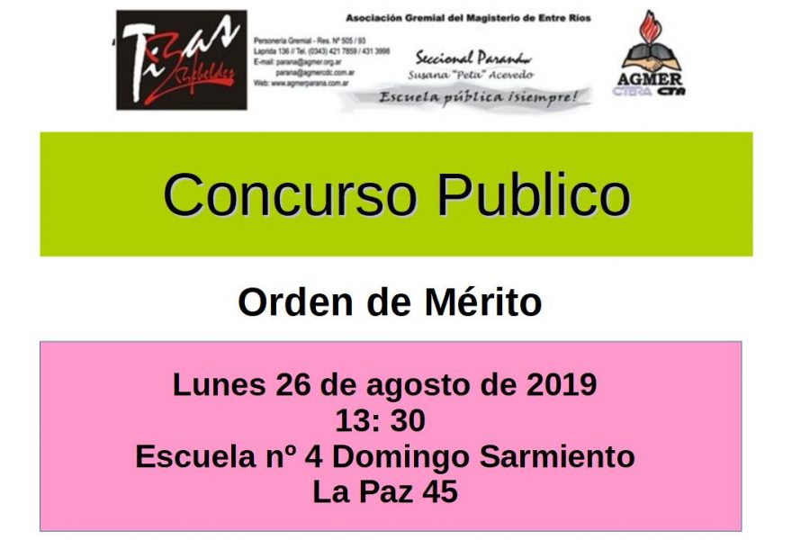 Lunes 26 de agosto de 2019. Concurso Público y  Orden de Mérito