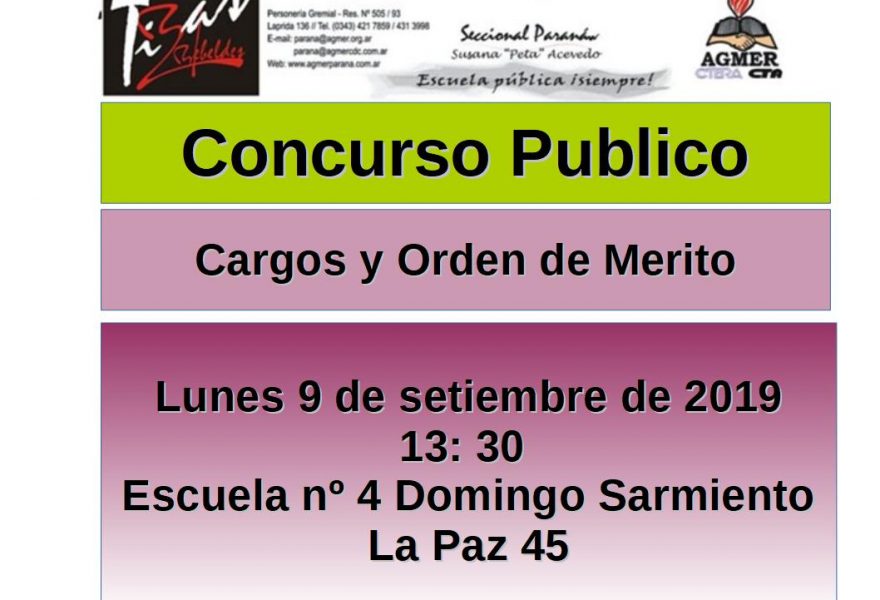 Lunes 9 de setiembre de 2019. Concurso Público. Cargos y Orden de Mérito