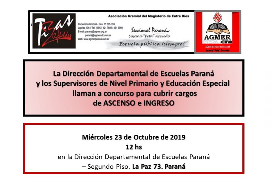 Miercoles 23 de Octubre de 2019. Concurso Ascenso e Ingreso. Nivel Primario