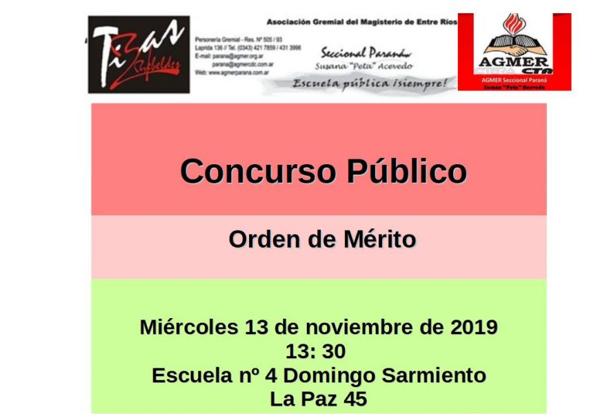 Miércoles 13 de noviembre de 2019. Concurso Público. Orden de Mérito