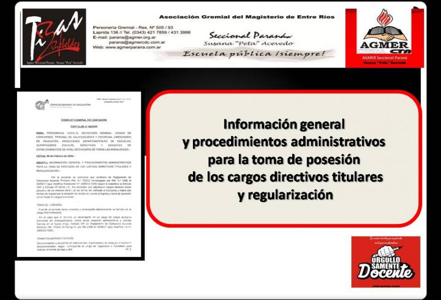 Información general y procedimientos administrativos para la toma de posesión de los cargos directivos titulares y regularización