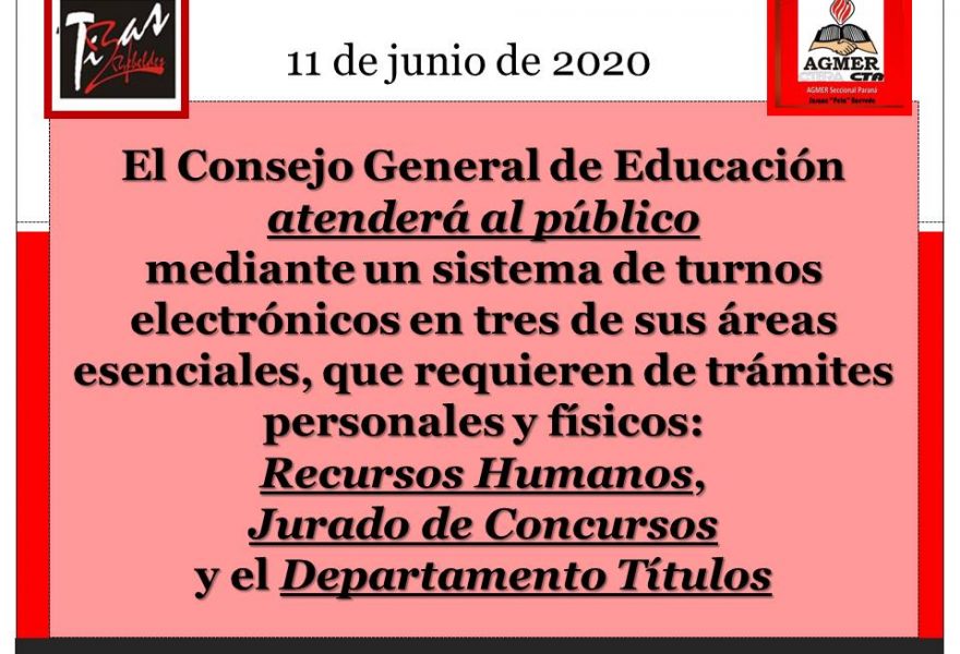 El Consejo General de Educación atenderá al público mediante un sistema de turnos electrónicos: Recursos Humanos, Jurado de Concursos y el Departamento Títulos.