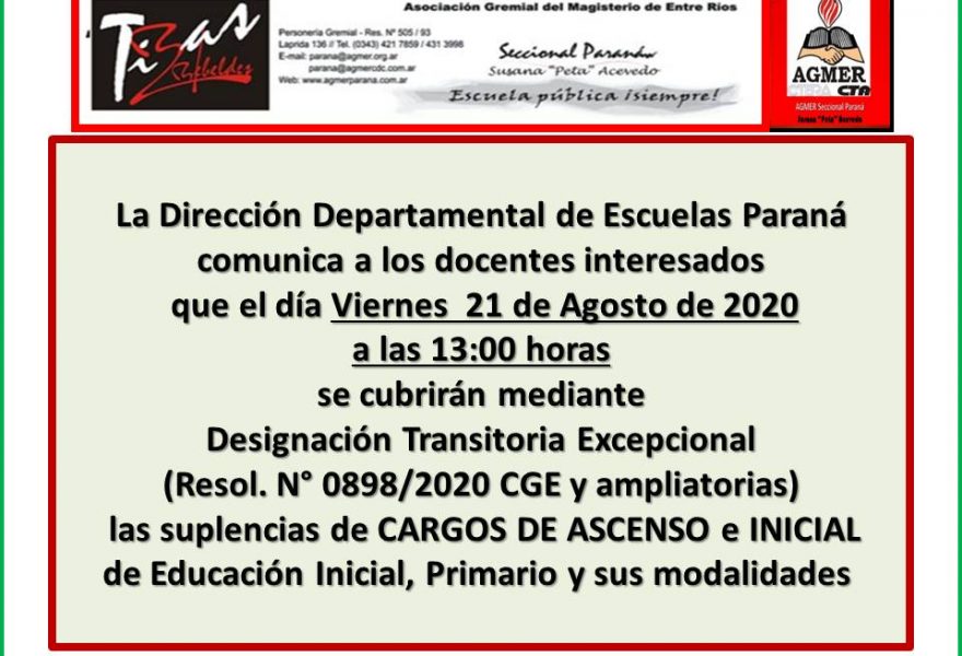 DDE Paraná – CONVOCATORIA D.T.E.- CARGOS DE ASCENSO e INICIAL Resol.N°0898/20 CGE  Viernes 21 de Agosto de 2020