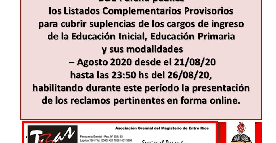 DDE Paraná –  LISTADOS COMPLEMENTARIOS PROVISORIOS – Educación Inicial, Educación Primaria y sus modalidades – Agosto 2020