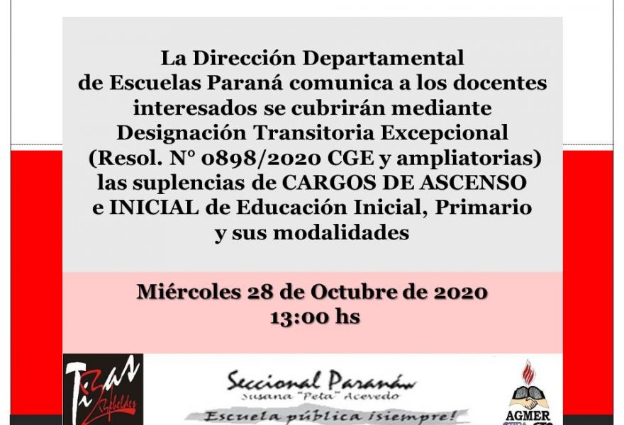 DDE Paraná – CONVOCATORIA D.T.E.- CARGOS DE ASCENSO e INICIAL Resol.N°0898/20 CGE 28 de Octubre de 2020