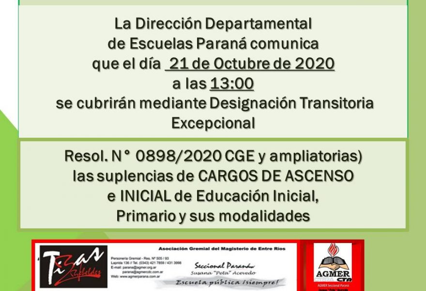 DDE Paraná – CONVOCATORIA D.T.E.- CARGOS DE ASCENSO e INICIAL Resol.N°0898/20 CGE 21 de Octubre de 2020