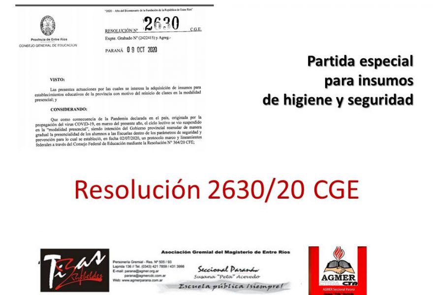 Partida especial para insumos de higiene y seguridad. Resolución 2630/20 CGE