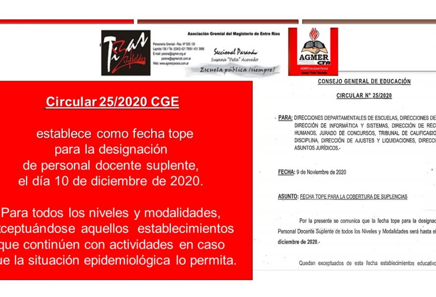 Circular 25/2020 CGE  Fecha tope  para la designación  de personal docente suplente