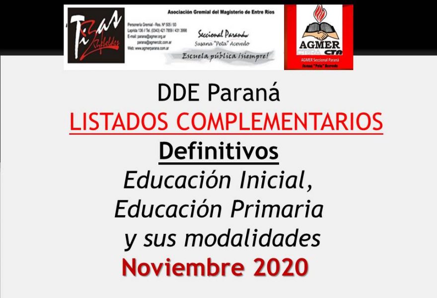 DDE Paraná –  LISTADOS COMPLEMENTARIOS Definitivos- Educación Inicial, Educación Primaria y sus modalidades – Noviembre 2020
