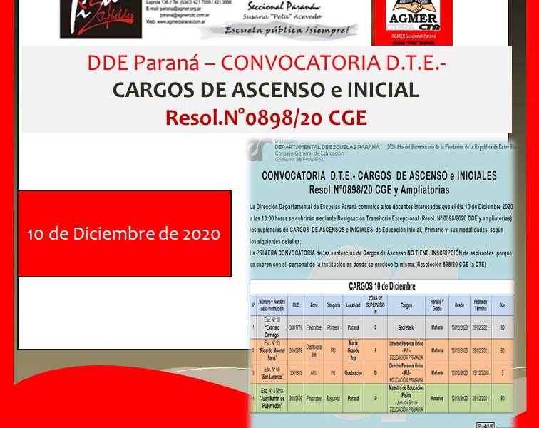 DDE Paraná – CONVOCATORIA D.T.E.- CARGOS DE ASCENSO e INICIAL Resol.N°0898/20 CGE 10 de Diciembre de 2020