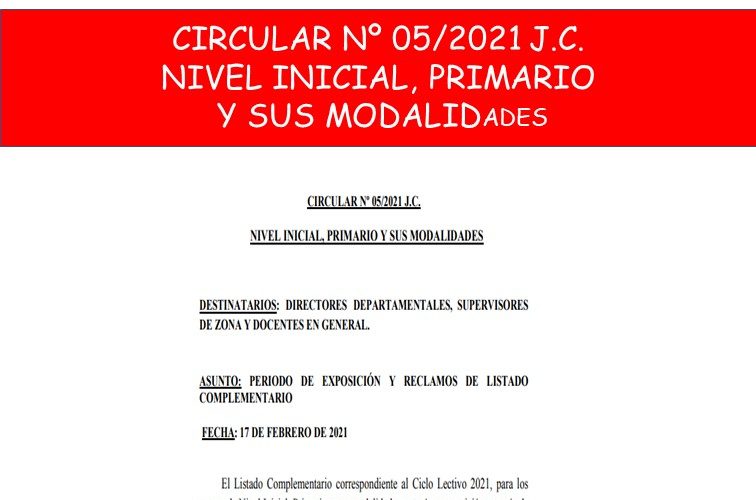 CIRCULAR Nº 05/2021 J.C.  NIVEL INICIAL, PRIMARIO  Y SUS MODALIDADES