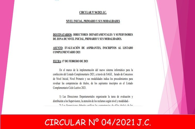 CIRCULAR Nº 04/2021 J.C. NIVEL INICIAL, PRIMARIO Y SUS MODALIDADES