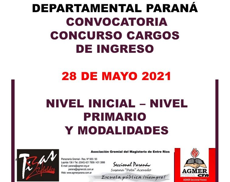 Departamental de Escuelas Paraná – Convocatoria Concurso Cargos de Ingreso – 28 de Mayo 2021 – Nivel Inicial – Nivel Primario y Modalidades
