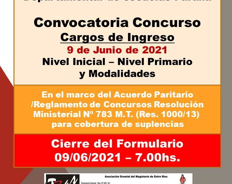 Departamental Paraná – Convocatoria Concurso Cargos de Ingreso – 9 de Junio 2021 – Nivel Inicial – Nivel Primario y Modalidades