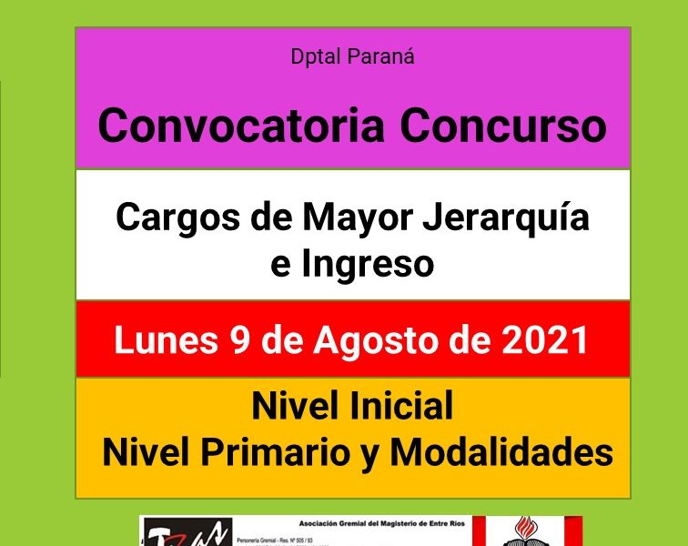 Dptal Paraná – Convocatoria Concurso. Cargos de Mayor Jerarquía e Ingreso. 9 de  Agosto de 2021. Nivel Inicial – Nivel Primario y Modalidades