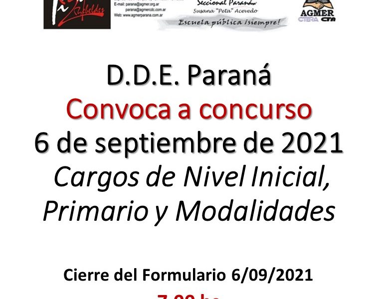 D.D.E. Paraná. Convoca a concurso.6 de septiembre de 2021 . Cargos de Nivel Inicial, Primario y Modalidades.