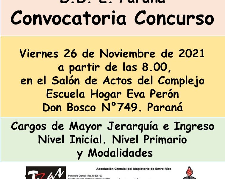 Dptal Paraná – Convocatoria Concurso Cargos de Mayor Jerarquía e Ingreso – Viernes 26 de Noviembre de 2021 – Nivel Inicial – Nivel Primario y Modalidades
