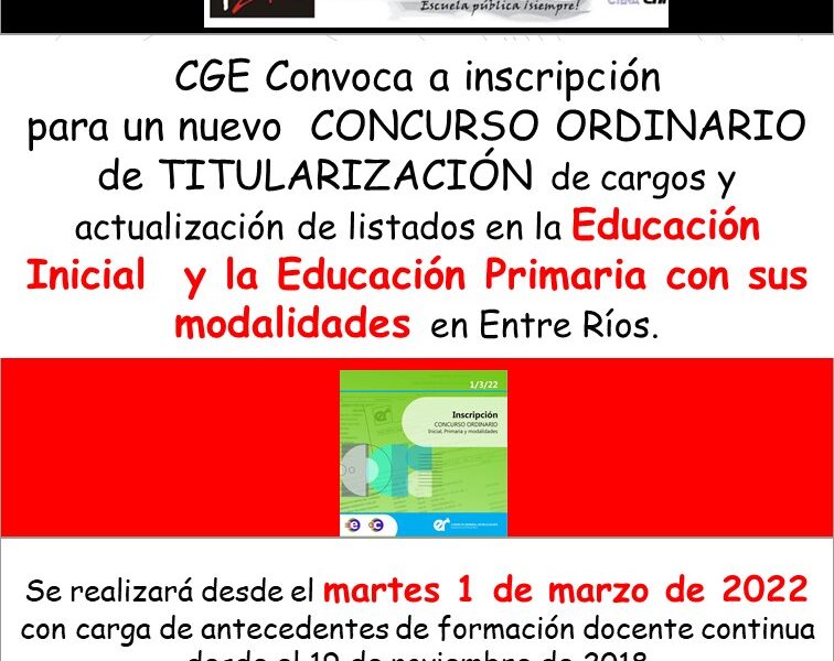 CGE Convoca: a Inscripción para un nuevo concurso de titularización y actualización de listados en Inicial, Primaria y modalidades