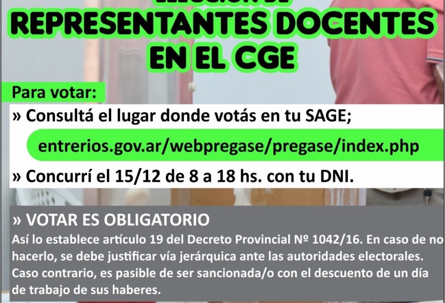 15 de diciembre: elecciones de representantes docentes en el CGE
