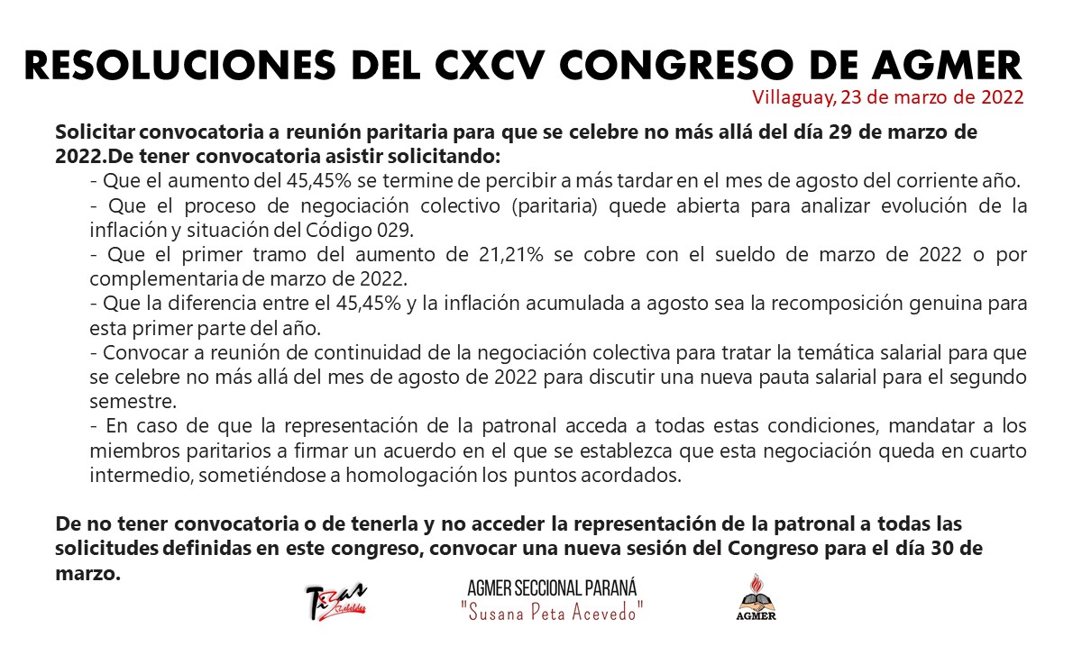Resoluciones del CXCV Congreso de Agmer